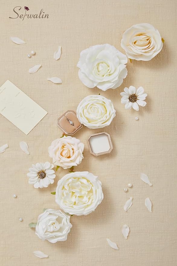 Serwalin Artificial White Flowers for Wedding, Silk Flowers Cake Decoration, Fake Flowers for Centerpieces Bouquets White Roses Peonies, Bridal Shower DIY Christmas