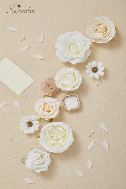 Serwalin Artificial White Flowers for Wedding, Silk Flowers Cake Decoration, Fake Flowers for Centerpieces Bouquets White Roses Peonies, Bridal Shower DIY Christmas