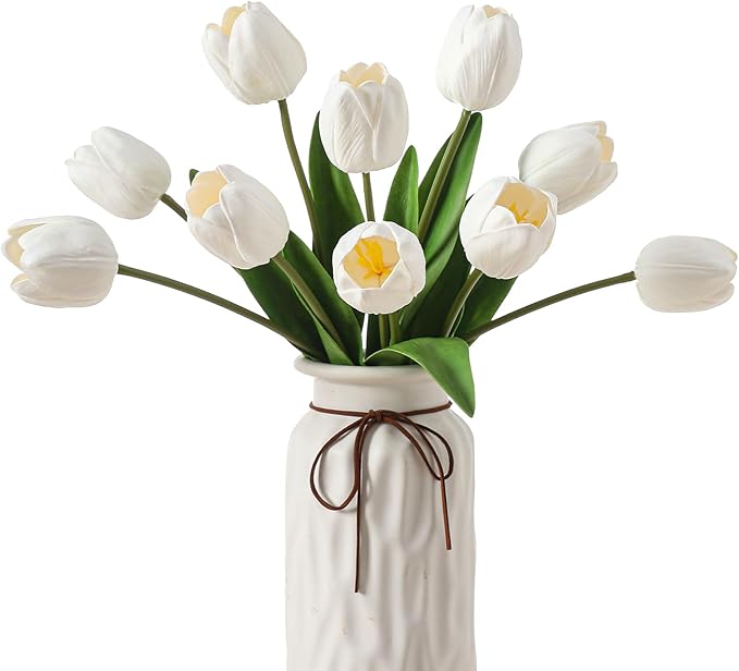 10PCS Artificial 18.5" Long Stem White Tulips Bouquet PU Flowers, Fake 6 Color Tulip Faux Flowers with Bendable Stems for Floral Table Wedding Home Decor