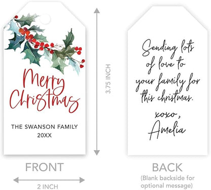 Andaz Press Personalized Christmas Holiday Season Classic Gift Tags, Merry Christmas Custom Family Name and Year, Watercolor Holly Branch Leaves Design, for Holiday Events, Parties, Favors, 60-Pack