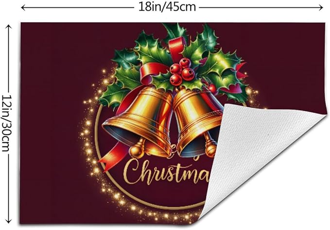PVC Placemats Set of 1 Wipeable Table Mats Washable Heat Resistant Non Slip Vinyl Dining Table Mat for Kitchen Indoor Outdoor Patio Farmhouse Place Mats Christmas Bell Red Decorative