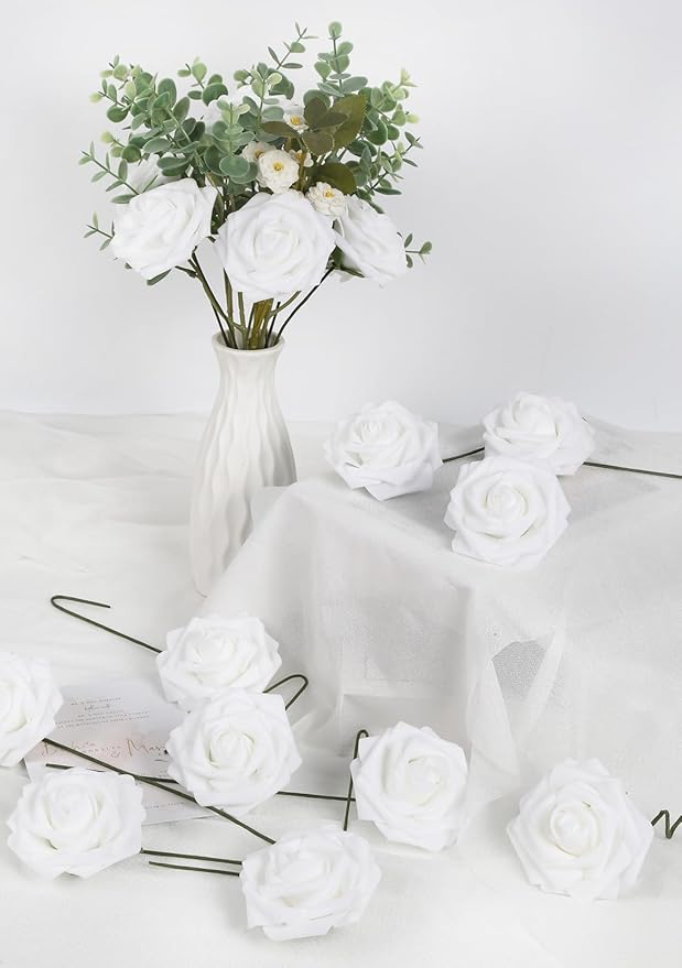 White Foam Roses 50PCS Artificial Flowers with Stems 2.95" White Artificial Roses Realistic Fake Roses Flowers for Baby Shower Centerpieces Wedding Bouquets Home Table Decor