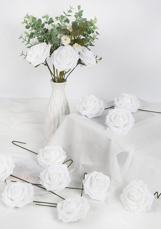 White Foam Roses 50PCS Artificial Flowers with Stems 2.95" White Artificial Roses Realistic Fake Roses Flowers for Baby Shower Centerpieces Wedding Bouquets Home Table Decor