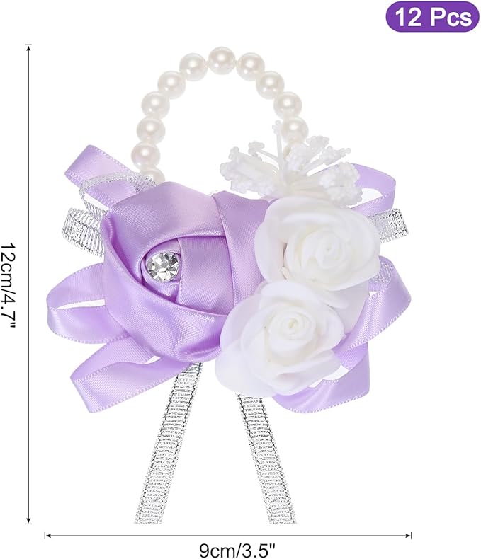 MECCANIXITY 12Pcs Wrist Corsage Artificial Flower Bracelets Rose Wrist Bride Groom Decorative for Wedding Ceremony Prom Party Anniversary Light Purple