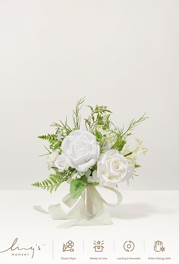 Ling's moment Artificial Flowers Lily of Valley White Bridesmaid Bouquet Set of 4, Green Wedding Flowers Bouquets for Bridesmaids, 7 Inch Bridal Bouquets for Bridesmaids, Wedding, etc