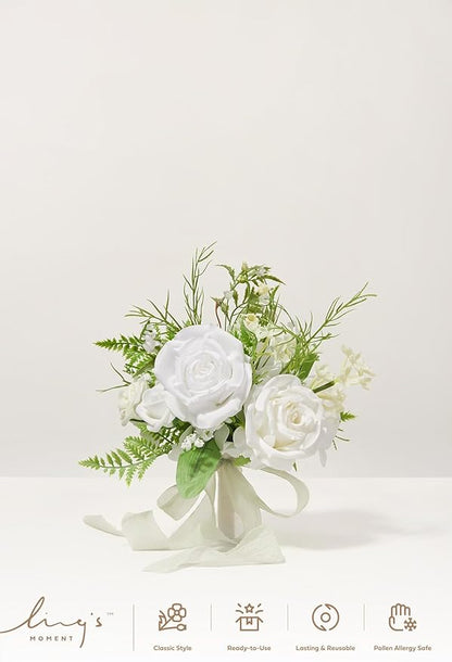 Ling's moment Artificial Flowers Lily of Valley White Bridesmaid Bouquet Set of 4, Green Wedding Flowers Bouquets for Bridesmaids, 7 Inch Bridal Bouquets for Bridesmaids, Wedding, etc