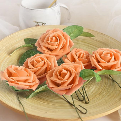 homEdge Artificial Rose, 25pcs Foam Artificial Flowers with Stem for Home Decorations, Wedding Bouquets, Party, Certerpieces, Anniversaries-Orange