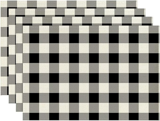 Buffalo Check Placemats Set of 4 Black and White Dining Place Mats Linen Table Mat for Farmhouse Home Kitchen Decor 12 X 18 Inch