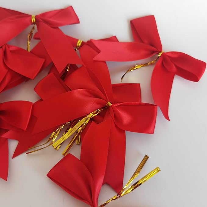 50pcs 3.5" Red Satin Ribbon Bows Twist Tie Bows for Gift Wrapping Christmas Tree Decoration with Fish Tails (Red)