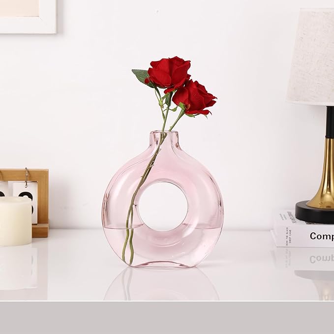 Glass Vase, Donut Vase, Pink Glass Vase, Flower Vase, Decorative Vase, Modern Vase, Round Glass Vase for Home, Living Room, Dining Table, Entryway, Mantle, Shelf, Wedding, Office, Coffee Table