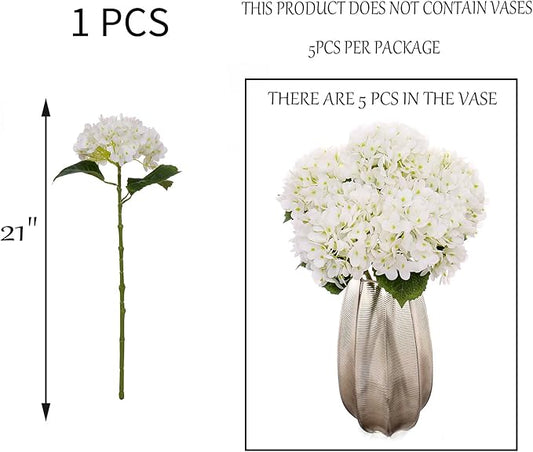 Kimura's Cabin 5Pcs 21inch Real Touch White Hydrangeas Flowers Realistic Hydrangea Artificial Flower with Stem Bouquet for Wedding Birthday Party Home Interior Dining Table Centre Decoration (White)