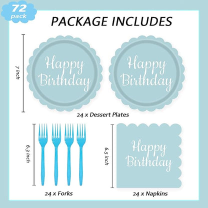 72PCS Light Blue Paper Plates Happy Birthday 7 Inch Scalloped Dessert Plate and Napkins Forks Disposable Cake Salad Fruit Decorative Party Tableware for Birthday Baby Shower Garden Party, Serve 24