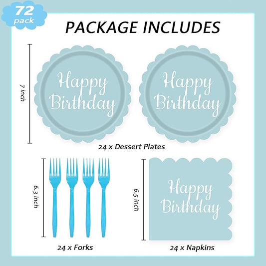 72PCS Light Blue Paper Plates Happy Birthday 7 Inch Scalloped Dessert Plate and Napkins Forks Disposable Cake Salad Fruit Decorative Party Tableware for Birthday Baby Shower Garden Party, Serve 24