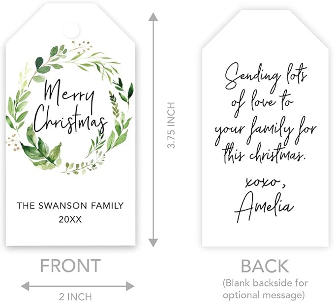 Andaz Press Personalized Christmas Holiday Season Classic Gift Tags, Merry Christmas Custom Family Name and Year, Watercolor Greenery Wreath Design, for Holiday Events, Parties, and Favors, 60-Pack