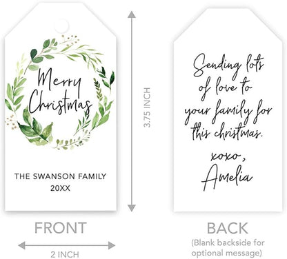 Andaz Press Personalized Christmas Holiday Season Classic Gift Tags, Merry Christmas Custom Family Name and Year, Watercolor Greenery Wreath Design, for Holiday Events, Parties, and Favors, 60-Pack