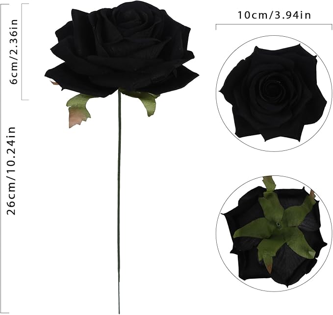 Artificial Roses 16pcs Velvet Black Roses Artificial Flowers 3.94" Fake Black Roses for Wedding Flowers Black Rose Decor for Centerpieces Home Party Decor (Black)