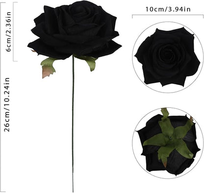 Artificial Roses 16pcs Velvet Black Roses Artificial Flowers 3.94" Fake Black Roses for Wedding Flowers Black Rose Decor for Centerpieces Home Party Decor (Black)
