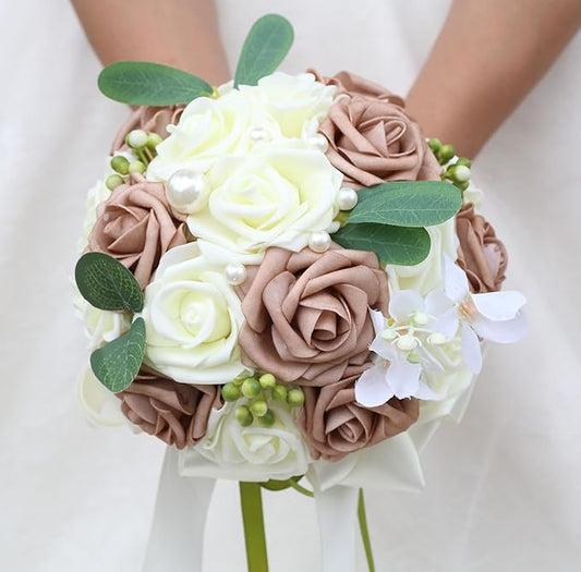 Lightweight Bridal Wedding Bouquet Round Holding Bouquet Throw Toss Artificial Rose Flower Bunch for Bride Bridesmaid Wedding Quinceanera (Cream & Rosy Brown, 9.1")