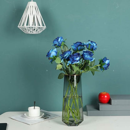 Kisflower 12Pcs Gradient Blue Roses Artificial Flowers, Realistic Single Stem Flowers Silk Rose Bouquet for Wedding Party Office Home Decor (Gradient Blue)
