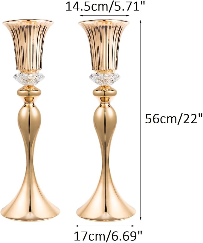 22in Gold Vases for Centerpieces, 2Pcs Metal Tall Trumpet Vases Wedding Reception Centerpieces, Crystal Flower Vase for Table Wedding Party Event Home Decor
