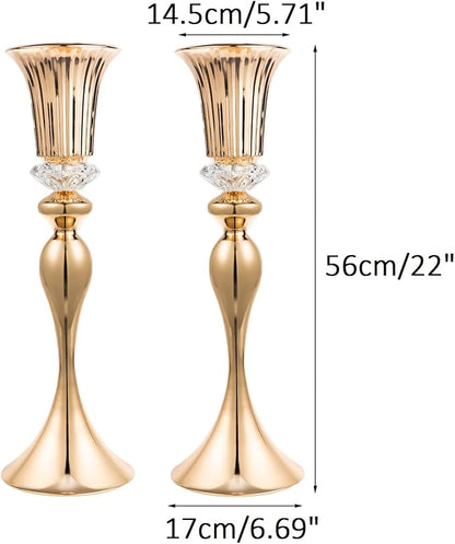 22in Gold Vases for Centerpieces, 2Pcs Metal Tall Trumpet Vases Wedding Reception Centerpieces, Crystal Flower Vase for Table Wedding Party Event Home Decor
