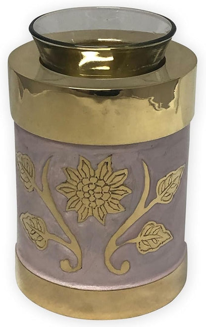 Pink Garden Brass Tealight Cremation Urn | Unique Brass Funeral Urn with Gold & Pink Enamel Details | Tealight