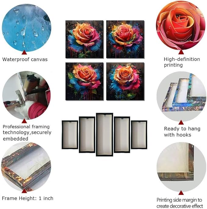 Pankila Colorful Rose Wall Art Floral Pictures Canvas Prints Abstract Rose Flower Wall Decor for Living Room Bedroom Bathroom Home Decorations Framed Artwork Ready to Hang (24''W x 24''H x 4)