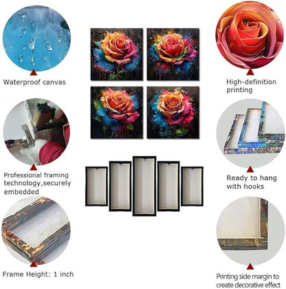 Pankila Colorful Rose Wall Art Floral Pictures Canvas Prints Abstract Rose Flower Wall Decor for Living Room Bedroom Bathroom Home Decorations Framed Artwork Ready to Hang (20''W x 20''H x 4)