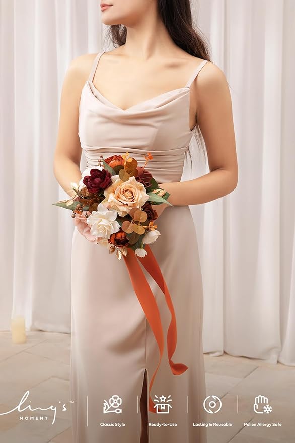 Ling's moment Bridesmaid Bouquet Set of 4, Terracotta Wedding Bouquets for Bridesmaids, 7 Inch Bridal Bouquets for Bridesmaids, Wedding, Ceremony, Anniversary, etc.