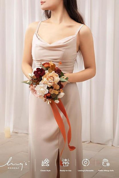 Ling's moment Bridesmaid Bouquet Set of 4, Terracotta Wedding Bouquets for Bridesmaids, 7 Inch Bridal Bouquets for Bridesmaids, Wedding, Ceremony, Anniversary, etc.