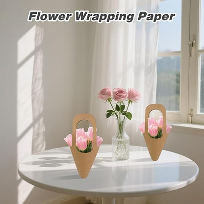 Jeqqinuz 50 PCS Flower Bags for Bouquets, Kraft Paper Gift Bags with Handle, Floral Wrapping Paper for Bouquet Packaging, Wedding Graduation Party Favors, Brown Cone Sleeves Home Decoration
