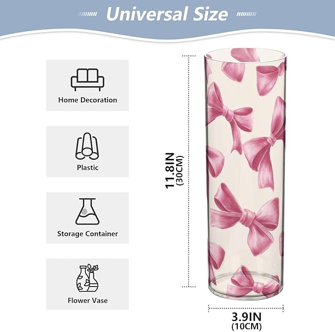 Flower Vase Clear Plastic Cylinder Vases Decor for Centerpieces Home Storage Office Weddings Deep Pink Ribbon Bows 11.8 x 3.9 in
