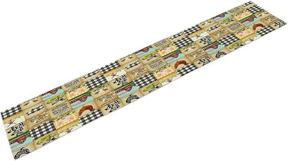 Farmhouse Animals Table Runner,Rustic Cabin Pig Chicken Cow Sunflowers Geometric Grids Burlap for Hotel Indoors Outdoor Dining Room Kitchen Holiday Party, 13x70in