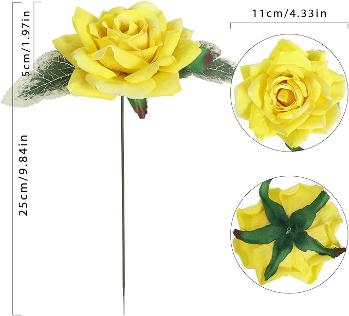 Artificial Flowers - 16pcs Yellow Fake Roses, 4.3" Velvet Roses for Wedding Bouquet, Home Party & Garden Decorations