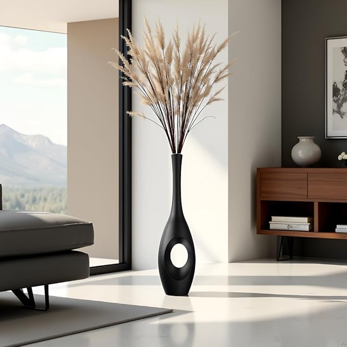 23.6" Black Floor Vase – Donut-Shaped Oval Body with Slim 3cm Neck, Modern Tall Decorative Vases for Living Room, Entryway, Office Decor – Resin Tall Floor Vase