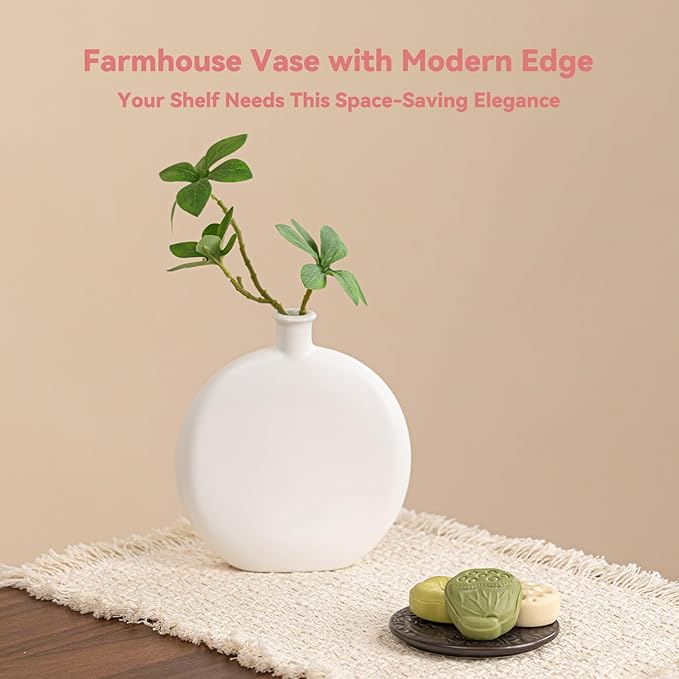 White Ceramic Flat Vase - 6.2" Unique Flower Vase for Pampas Grass & Centerpieces, Decorative Boho/Farmhouse Vase for Living Room, Office Desk & Housewarming Gift (for Her/Yourself)
