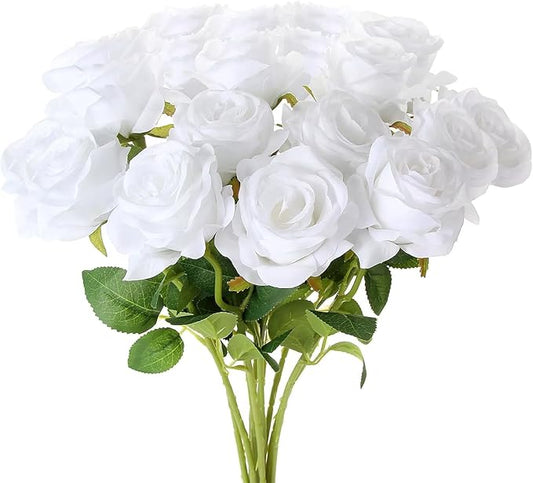White Roses Artificial Flowers 15 PCS, Fake Roses Silk Flowers with Long Stems, Faux Rose for Wedding Centerpieces, Home Decor, Indoor Floral Arrangements, Party Decor, DIY Bouquet (White)