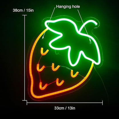 Strawberry Neon Sign Red Green Strawberry Led Sign Fruit Shape Neon Light for Bedroom Wall Decor, Bar, Fruit Shop, Restaurant (15 * 13 inch)