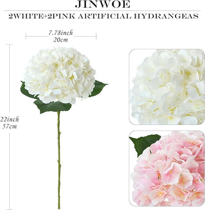 Silk Flowers Hydrangea Artificial Flowers, 4Pcs 22Inch Large Lifelike Faux Flowers, Full Fake Artificial Hydrangeas with Stems for Bouquet Table Centerpieces Home Decoration (White/Pink)