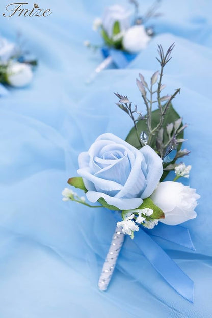 Fnize Blue Boutonniere for Men, 6 Pcs Groom Groomsmen Boutonnieres, Artificial Flowers for Wedding Prom Homecoming