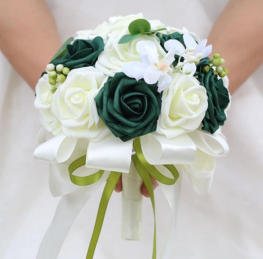 Lightweight Bridal Wedding Bouquet Round Holding Bouquet Throw Toss Artificial Rose Flower Bunch for Bride Bridesmaid Wedding Quinceanera (Cream & Dark Green, 6.7")