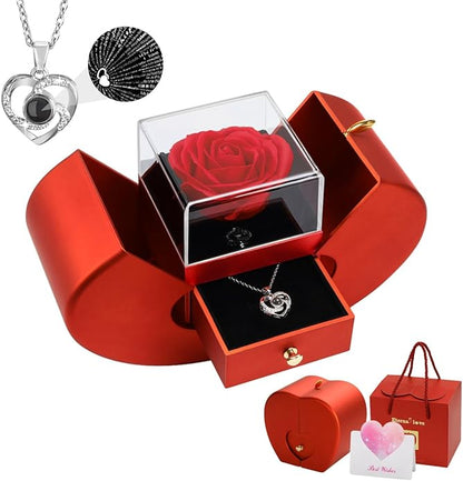 Emibele Preserved Rose Gifts for Women, Eternal Flower Rose Box with Heart Necklace, Romantic I Love You Gifts for Her Women Wife Mom Grandma on Valentines Mothers Day Birthday Anniversary