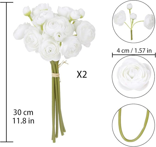 IPOPU Ranunculus Artificial Flowers 2 Bouquets Small White Flowers 12PCS Faux Ranunculus Flowers White for Vase Filler Bouquet Wedding Decor Bridal Shower Floral Filler Flowers Centerpieces (White)