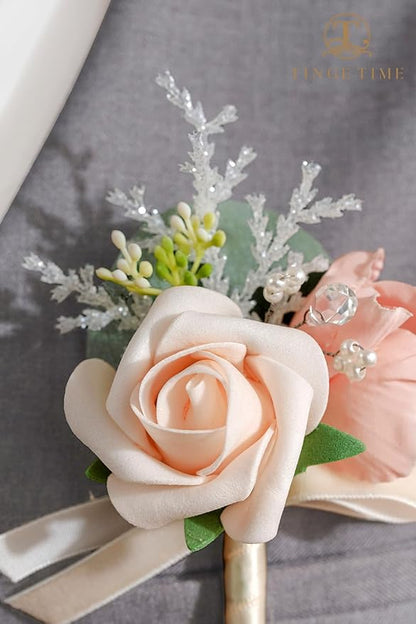 TINGE TIME Boutonniere for Men Wedding,Groom and Best Man Boutonniere for Wedding Ceremony Anniversary, Formal Dinner Party and Rustic Spring Wedding Marriage (6, Champange&Pink)