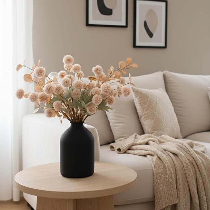 Beige Fake Flowers Silk 10 Mum Stems Eucalyptus Arrangement, Faux Flowers For Vase, Artificial Mums, Mini Floral Long Stem, Tan Nude Cream Neutral Floral, Chrysanthemum Pom Pom Floral Arrangement