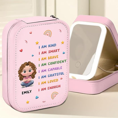 Wrappiness Girls & Women Lovely Makeup Box With LED Mirror - Personalized Jewelry Box Organizer Portable Ideal for Travel, Gift for Daughters Sisters Friends (Kind Smart Loved, Toddler Girls)
