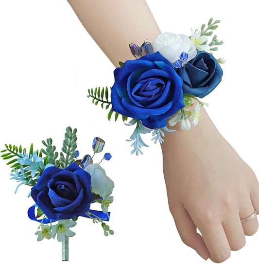 Royal Blue Corsage and Boutonniere Set, Prom Wedding Homecoming Wrist Corsage Wristlet and Boutonniere Set for Grooms Groomsmen Guest Bridal Bridesmaid Artificial Flower Suit Decoration