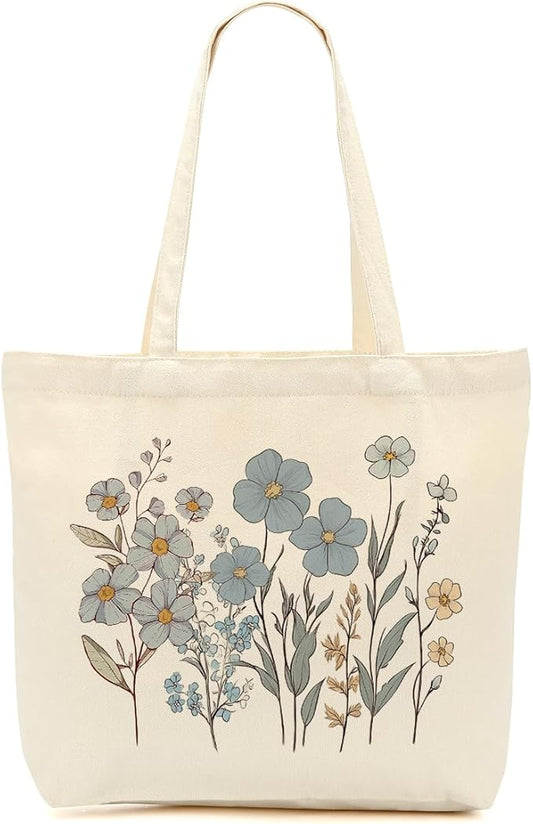 Aesthetic Floral Canvas Tote Bag for Women with Pocket, Tote Bags for Grocery Shopping Work Gym Christmas Birthday