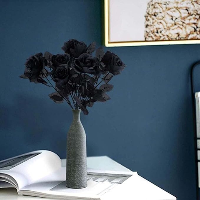 Laelfe 12 PCS Artificial Flowers Black Roses, Fake Silk Flower Long Stem Artificial Rose for Home Wedding Party Decorations(Black Halloween)