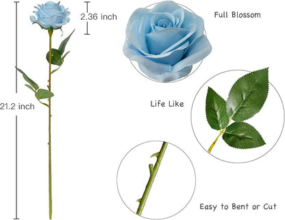 DuHouse 10pcs Fake Roses Artificial Silk Flowers Faux Rose Flower Long Stems Bouquet for Arrangement Wedding Centerpiece Party Home Kitchen Decor (Sky Blue)